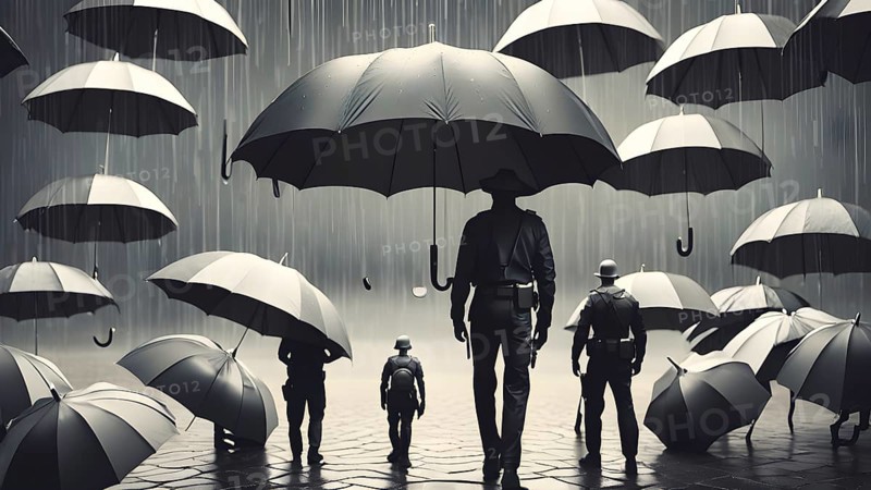 Conceptual man with umbrella rain art poster, symbolizing resilience, strength, and motivation through stormy journeys, AI generated