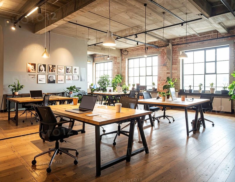 Modern coworking space with laptops, coffee cups, plants, and daylight showcasing minimal interior design and productivity, AI generated