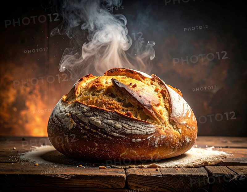 Fresh baked bread steaming on rustic wooden background, symbolizing artisanal baking, tradition, warmth, and homemade food photography, AI generated