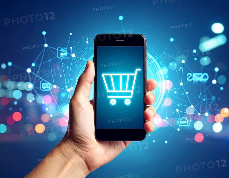 Hand holding smartphone glowing shopping cart icon poster symbolizing online shopping, e-commerce, and futuristic digital commerce, AI generated