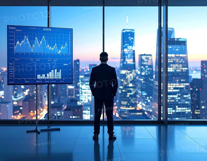 A businessman reviewing financial data on digital screen, representing investment planning, corporate growth, and strategic success, AI generated