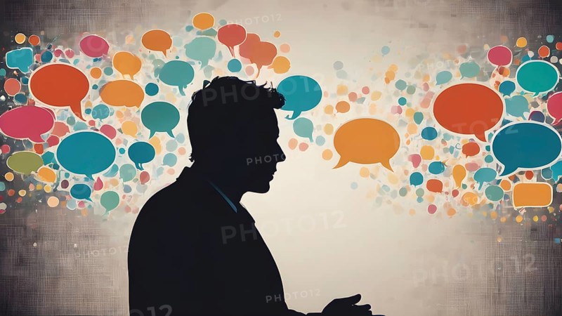 Thinking man silhouette with speech bubble concept, symbolizing dialogue, reflection, creative ideas, learning, and communication, AI generated
