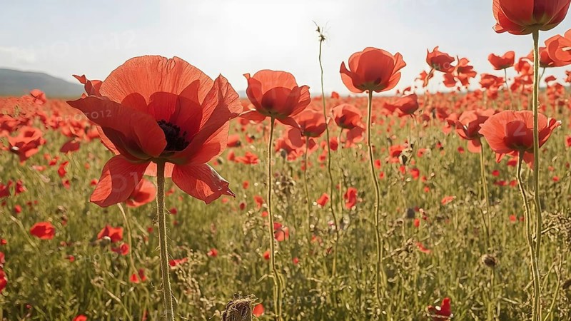 Poppy field wall art print featuring a blooming landscape, celebrating natural beauty, harmony, and vibrant floral elegance, AI generated