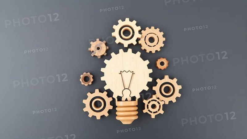 Light bulb with gears concept poster symbolizing creativity, invention, innovation, mechanical design, and bright visionary ideas, AI generated