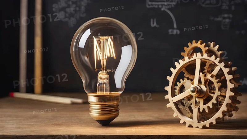 Light bulb with gears concept poster symbolizing creativity, invention, innovation, mechanical design, and bright visionary ideas, AI generated