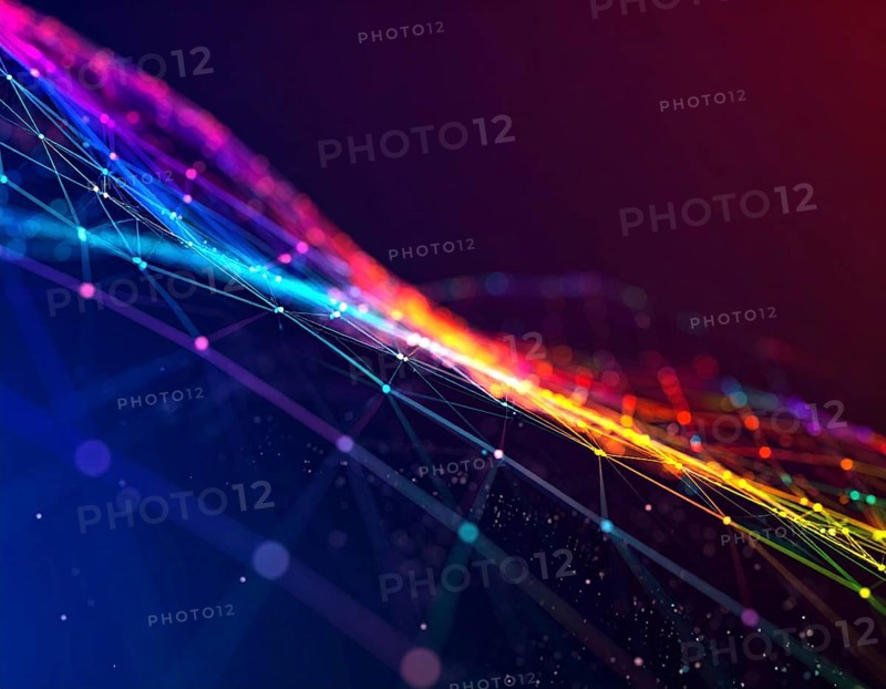Abstract technology network wall art with glowing multi-color lines and nodes, futuristic digital background for modern décor, AI generated