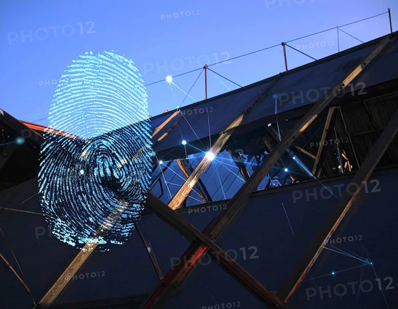 Glowing digital fingerprint wall art symbolizing cybersecurity, identity protection, and futuristic biometric technology on dark tech background, AI generated