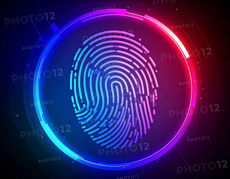 Glowing digital fingerprint wall art symbolizing cybersecurity, identity protection, and futuristic biometric technology on dark tech background, AI generated