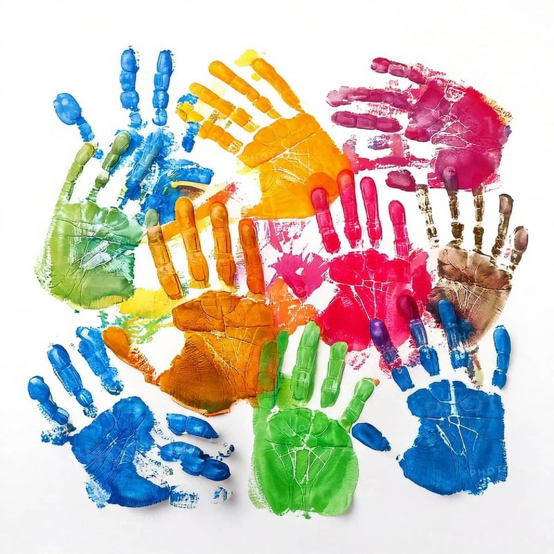 Vibrant multicolored handprints on white background, symbolizing creativity, playful expression, imagination, and artistic colorful design, AI generated