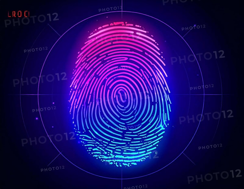 Glowing digital fingerprint wall art symbolizing cybersecurity, identity protection, and futuristic biometric technology on dark tech background, AI generated