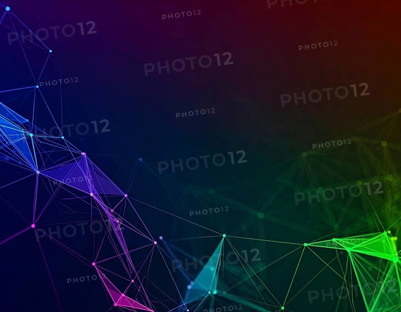 Abstract technology network wall art with glowing multi-color lines and nodes, futuristic digital background for modern décor, AI generated