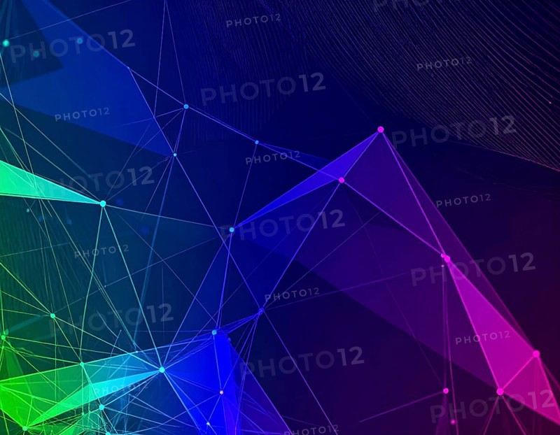Abstract technology network wall art with glowing multi-color lines and nodes, futuristic digital background for modern décor, AI generated