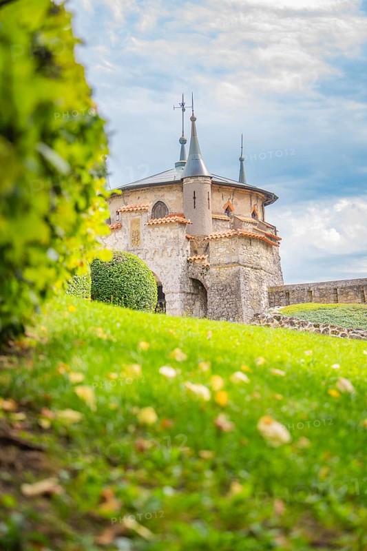 Charming turret on a green meadow in front of a slightly cloudy sky creates a romantic atmosphere, Lichtenstein Castle, Lichtenstein, Swabian Alb, Germany