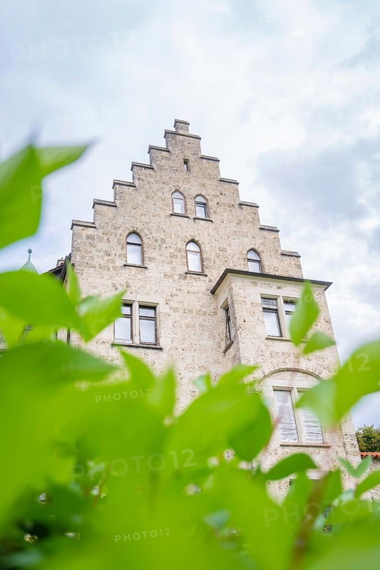 An impressive historic building in Gothic style, half hidden by green plants, Lichtenstein Castle, Lichtenstein, Swabian Alb, Germany