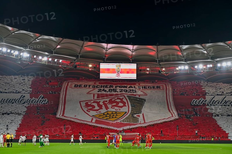 Choreo, choreography, fan campaign German Cup Winner VfB Stuttgart, Football Bundesliga, MHPArena, MHP Arena Stuttgart, Baden-Württemberg, Germany