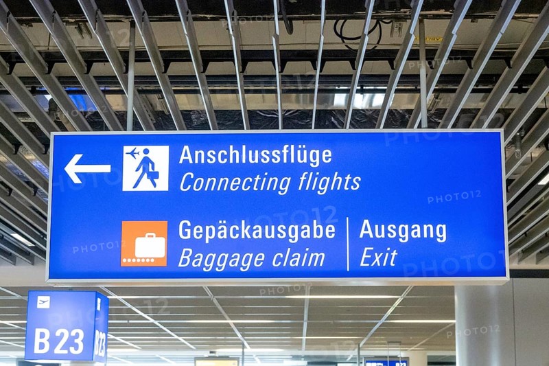 Sign at Frankfurt Airport with the inscription Connecting flights and baggage claim, Frankfurt, Germany
