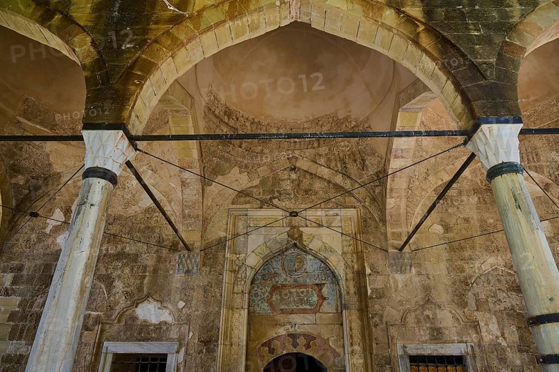 Interior with antique arcades and stone decorations in a historic building, Recep Pasha Mosque, Old Town, Turkish Quarter, Rhodes Town, Rhodes, Dodecanese, Greek Islands, Greece