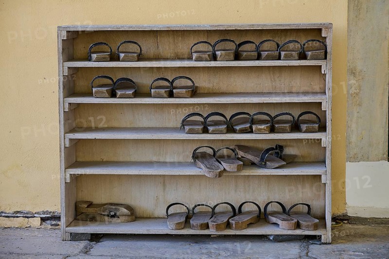 Wooden shelf with traditional sandals in the mosque, Ibrahim Pasha Mosque, Old Town, Turkish Quarter, Rhodes Town, Rhodes, Dodecanese, Greek Islands, Greece