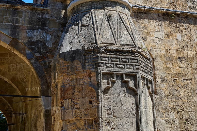 Historic masonry with detailed relief elements and play of the sun on the surface, Recep Pasha Mosque, Old Town, Turkish Quarter, Rhodes Town, Rhodes, Dodecanese, Greek Islands, Greece