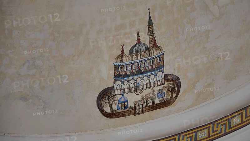 Historical fresco with mosque image on a domed wall, Ibrahim Pasha Mosque, Old Town, Turkish Quarter, Rhodes Town, Rhodes, Dodecanese, Greek Islands, Greece