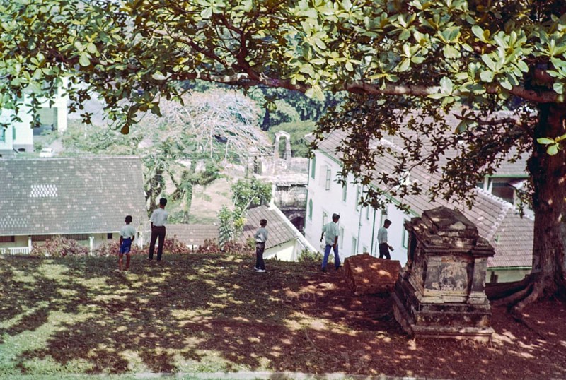 View from above over Porta de Santiago, historic Portuguese gateway of A Famosa fortress, Malacca or Melaka, Malaya, Malaysia, south east Asia 1964