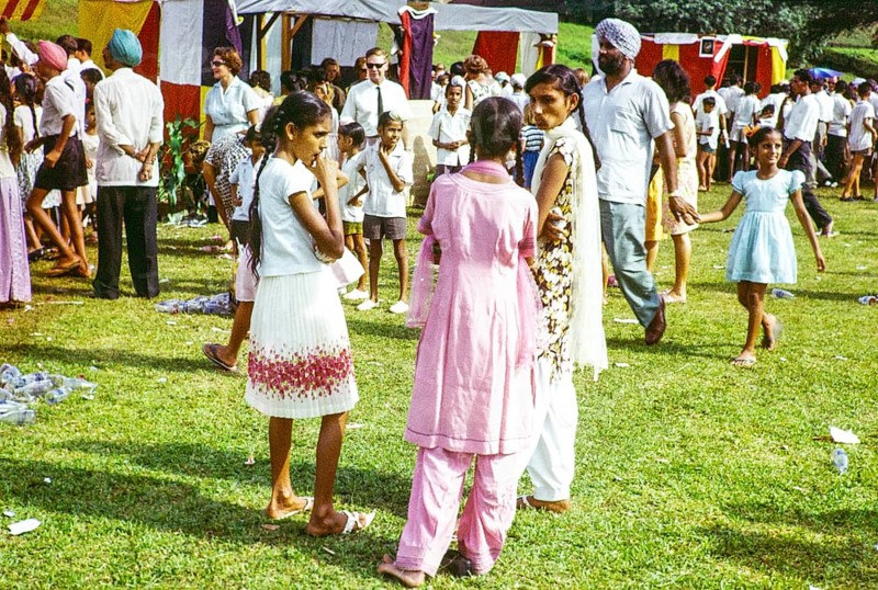 Garden fete community event in the grounds of HMS Terror naval base, Sembawang, Singapore, South East Asia, 1963 - mix of European and Indian people
