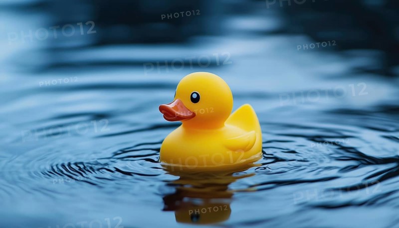 Rubber Duck Floating In Water: A Cute Yellow Rubber Duck Gently Bobbing On The Surface Of The Calm Water In A Serene Setting, AI generated