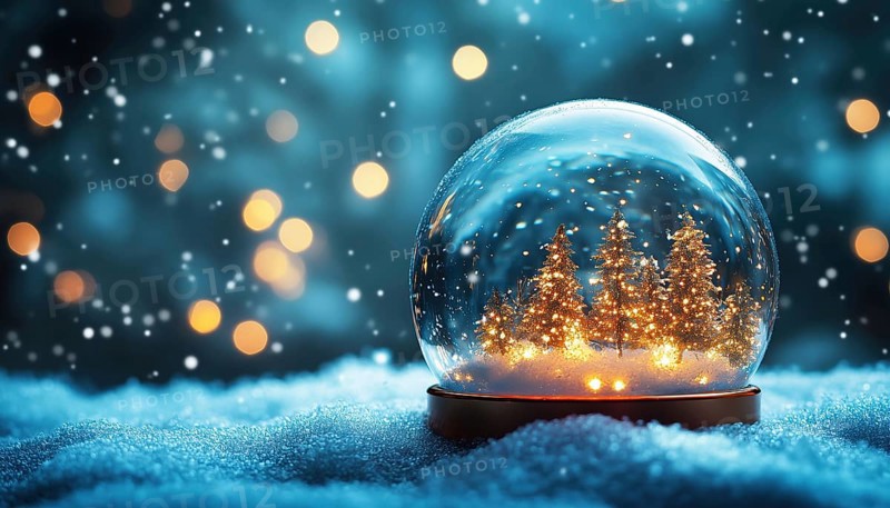 Enchanting Christmas Snow Globe In Evening Night With Falling Snow And Abstract Blue Defocused Background. Transform Your Holiday Decor With This Magical Scene, AI generated
