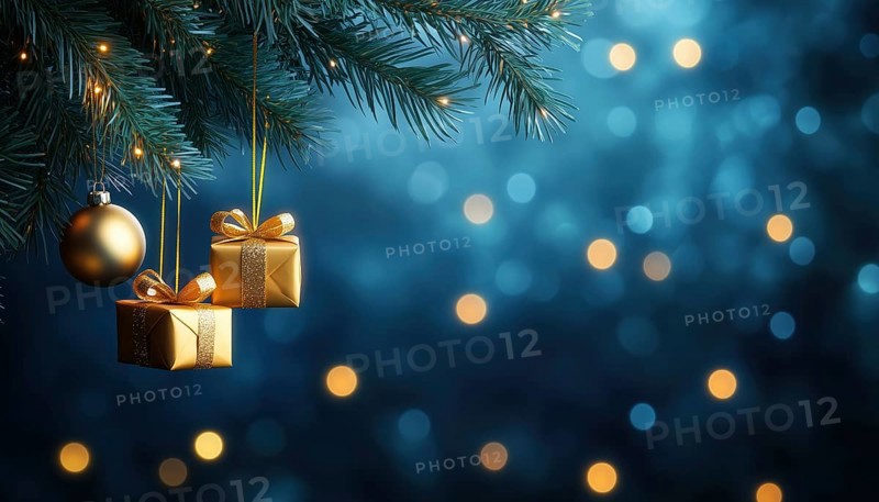 Festive Scene: Christmas Tree Nestled In Bauble On Fir Branch Amidst Blue Abstract Night Sky With Gift Boxes, AI generated
