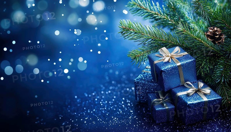 Festive Decor: Ornamented Christmas Tree With Presents On A Pine Branch Against A Blue Abstract Night Background, AI generated