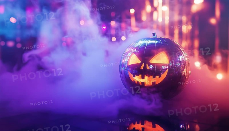 Glowing Halloween Mirror Ball In Pumpkin Disco: Spooky Sphere, Nightclub Atmosphere, Smoke, Abstract Light Effects, AI generated
