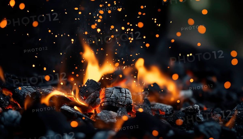 Barbecue Charcoal: Generating Hot Flames And Abstractly Defocused Sparks - Perfect For Grilling And Outdoor Cooking Experiences. Enjoy The Fire!, AI generated