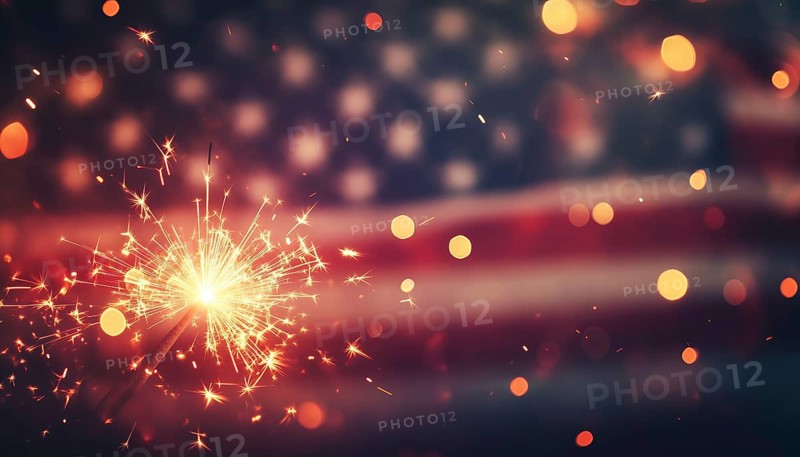 Abstract Defocused Lights On An American Flag With Sparkler For Independence Day And Memorial Day Celebrations In The United States, AI generated