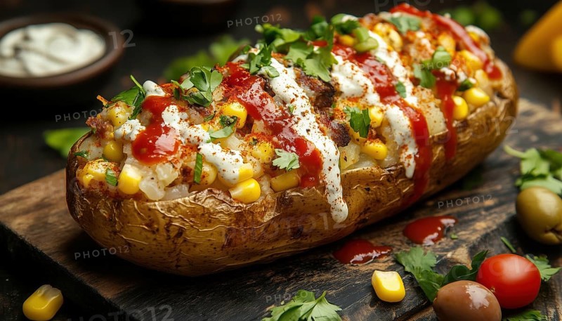 Traditional Turkish Kumpir: Baked Potato Loaded With Cheese, Corn, Sausage, Ketchup, Mayonnaise, And Olives- A Classic Turkish Dish, AI generated