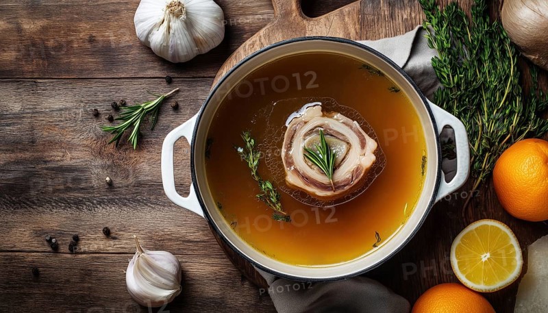 Making Nourishing Beef Bone Broth: Slowly Simmered Bones Release Collagen For Essential Amino Acids, The Body'S Protein Building Blocks, AI generated
