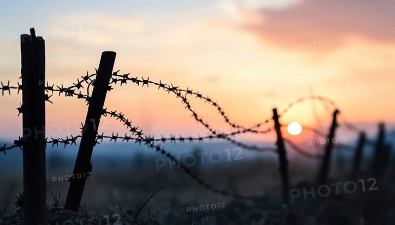 Silhouette Of Barbed Wire And Wooden Stake On The Ground: Elements Of Trench Warfare Depicted In The Scene, AI generated