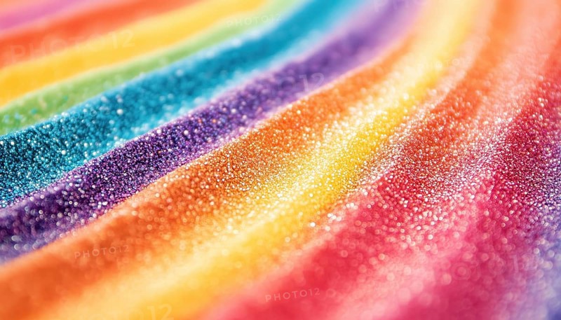 Vibrant Rainbow Coloured Sand Close Up With White Copy Space. Capturing Sand'S Texture, Motion, Form, And Chromatic Diversity, AI generated