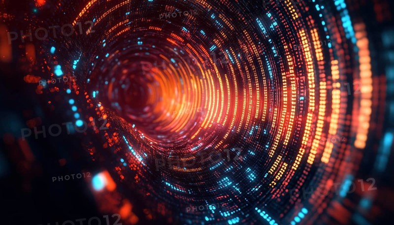 Digital Artwork Featuring Loading Circles, Computer Language, And Abstract Patterns On Gradient Background. Holographic, Illuminated, Progressing Coding And Technological Elements In A Digital Generation, AI generated