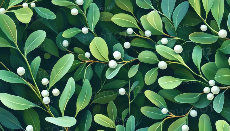 Effortless Elegance: Mistletoe Bunch Pattern Featuring Green Branches And White Berries For Seasonal Christmas Plant Decoration And Winter Holidays Botanical, AI generated