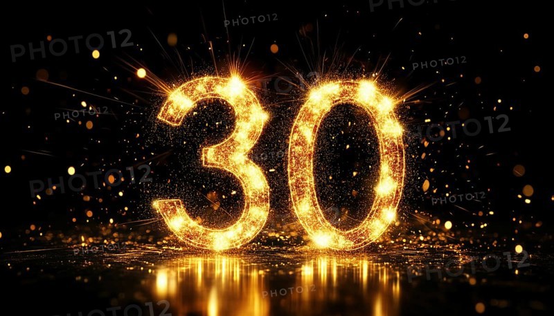 Glowing Golden Number 30 On A Black Background: Stunning Overlay For Birthday And Anniversary Greeting Cards For The Holidays, AI generated
