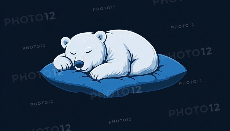 Sleepy White Polar Bear Resting On A Blue Pillow Logo Template With A Lazy And Relaxed Appearance. Perfect For Branding, AI generated