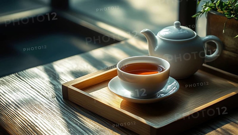 Close-Up Shot Of Teapot And Cup Of Tea On A Wooden Tray, Capturing The Details And Texture Of The Items. Perfect For Tea Lovers, AI generated