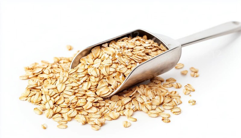 Premium Oat Groats And Rolled Oats Displayed On Metal Scoop Against A White Background - Featuring Fresh And Wholesome Ingredients, AI generated
