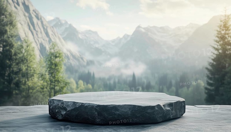 Tranquil Forest Stone Display Stand: Product Presentation In Natural, Serene Setting With Blurred Mountains. Perfect For Highlighting Items. Rendered Image, AI generated