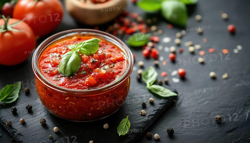 Homemade Italian Classic Marinara Sauce With Basil And Pepper On A Black Menu: Perfect Pasta And Pizza Dressing, AI generated