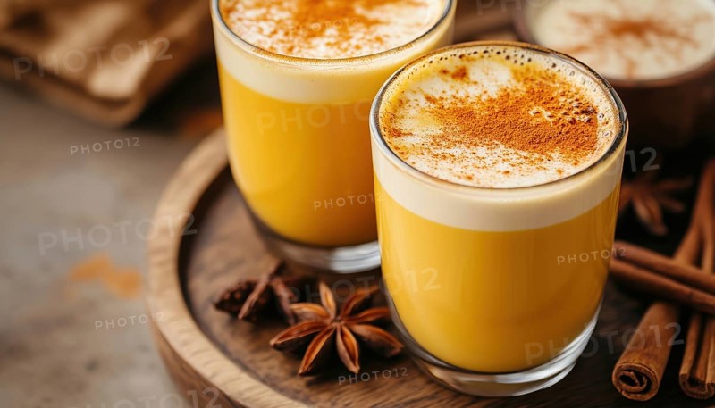 Healthy Turmeric Latte With Cinnamon And Anise Served In Wooden Glasses. Energizing Coffee Infused With Turmeric For Added Health Benefits, AI generated