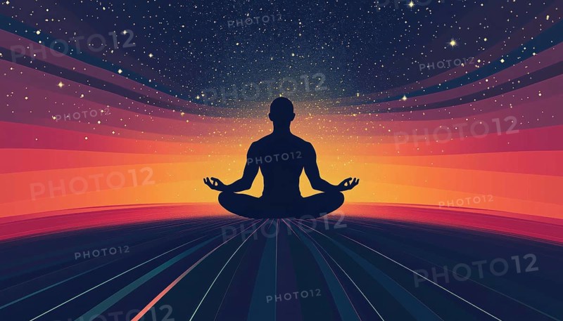 Self-Exploration Through Meditation, Mindfulness, And Dreaming With Silhouette Of Man In Lotus Pose On Retro 70s Background. Inner Journey Of The Mind, AI generated