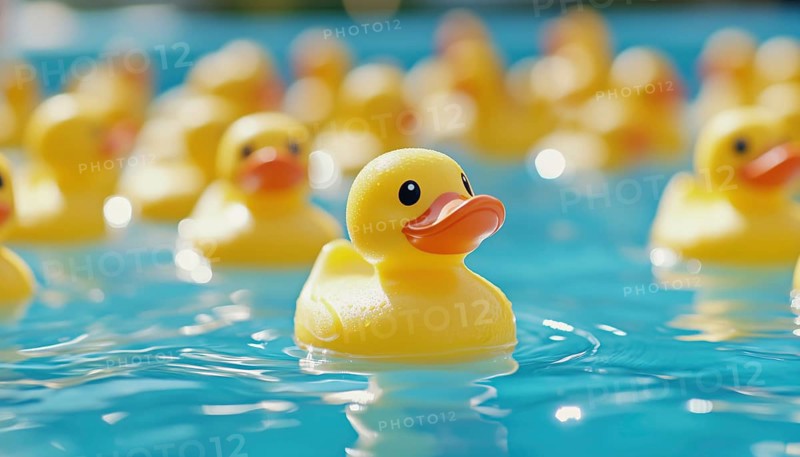 Yellow Rubber Ducks Swim In Circles In A Pool With Selective Focus, Capturing Playful Movement In A Whimsical Scene, AI generated