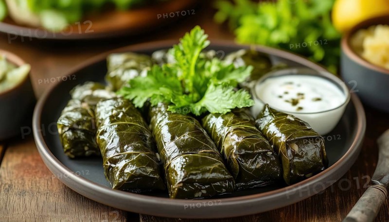 Mouthwatering Dolma Sarma: Stuffed Grape Leaves And Rice With White Yogurt Sauce - A Taste Of Lebanon, Turkey, And Greece, AI generated