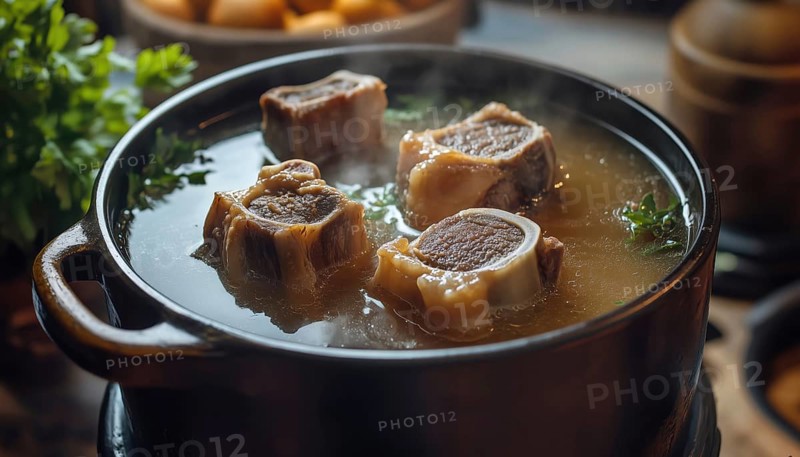 Homemade Beef Bone Broth: A Nutritious Elixir From Boiled Bones Rich In Collagen And Amino Acids For Protein Building Blocks, AI generated